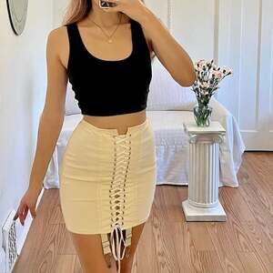 Cream Lace-Up Corset Mini Skirt with Garter Details, Size Small